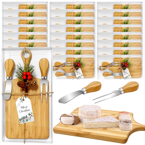 Juego de 24 tablas de queso cuadradas de madera con cuchillos, para regalos de Navidad, despedidas de soltera, juego a granel con etiquetas y cajas para fiestas de cumpleaños