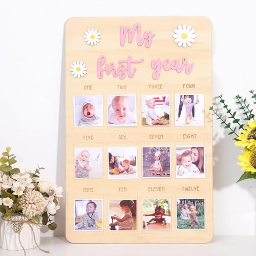 Agvgaza My First Year Photo Board - Floral Wooden Milestone Frame for Baby's 1st Birthday, Daisy 12 Month Picture Frame for Boys & Girls,Monthly Milestone Keepsake