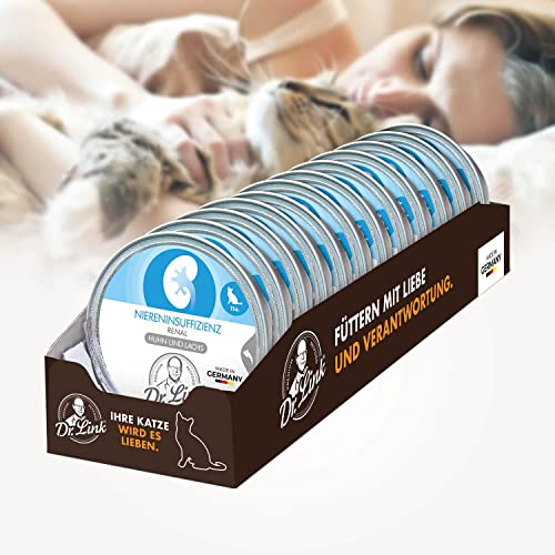 Dr. Link Spezial-Diät Katzenfutter für Katzen und Kater, Nieren, Proteinquelle Huhn & Lachs – Premium-Diät-Alleinfuttermittel, mit Omega-3 Fettsäuren, Unterstützung der Nierenfunktion – 12x85g Schale