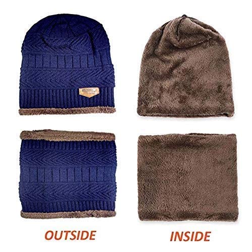 Kolva Pack of 2 Ultra Soft Boys Standard 2Pcs Snow Proof Inside Winter Warm Fleece Fur Wool Beanie Cap with Muffler (Navy Blue) 2