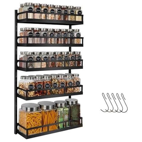 X-cosrack Wall Mount Spice Rack Organizer 5 Tier Height-Adjustable Hanging Spice Shelf Storage for Kitchen Pantry Cabinet, Dual-Use Seasoning Holder Rack with Hooks, Black-Patented Cover