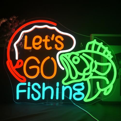 Image of Lucunstar Let's Go Fishing Neon Sign Dimmable Fish Neon Light for Wall Decor LED USB Powered Fishing Hook Lights for Bedroom Living Room Man Cave Yacht Decor Men Gifts