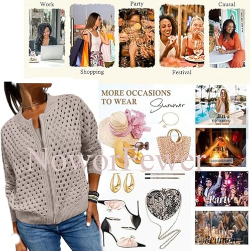 Women's Casual Hollow Knitwear Zipper Jacket,Crochet Jackets for Women Open Front Long Sleeve Cardigan Sweater2