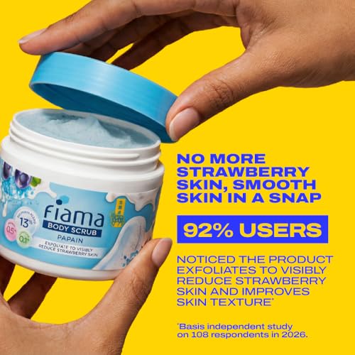 Image of Fiama Strawberry Skin Exfoliating Body Scrub 200g, 0.5% Papain Enzyme + 0.1% Caffeine, Chemical + Physical Exfoliation, 13% Polishing Blend, Reduces Keratosis Pilaris, Refreshing Aqua Fragrance