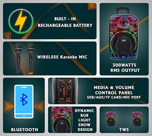 Image of Target 1202 Plus 12-inch Driver Portable Karaoke Trolley Speaker with Wireless Microphones, 300W Bluetooth Trolley Speaker, RGB Light Show, Rechargeable Battery, USB /AUX /TF Card Support, TWS Function,