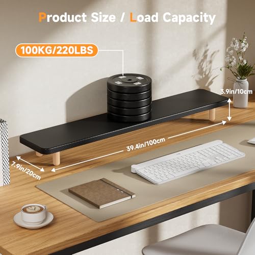 Image of Dual Monitor Stand Riser, 39 Inch Extra Long Wooden Desktop Monitor Riser with Storage for 2 Monitors Ultra Strong Desk Shelf Organizer Riser Ergonomic for 2 Screens /Laptop /PC /TV /Printer (Black