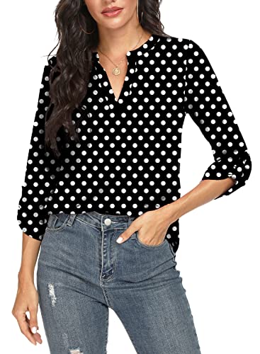 Niloufo Womens Casual Summer Shirts Notch V Neck Blouses 3/4 Roll Sleeve Tops Tunics(Polka Dot Black, Large) #TOP2