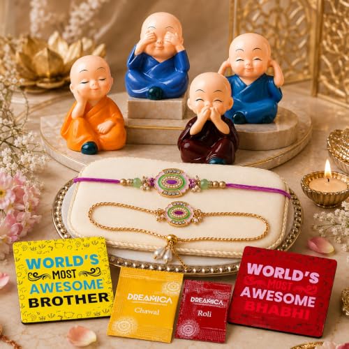 Image of Dreamica Designer Bhaiya Bhabhi Rakhi Set, Monk Buddha Showpiece Set,2 Fridge Magnet, Greeting Card and Tilak Set | Best Rakhi Gift for Brother