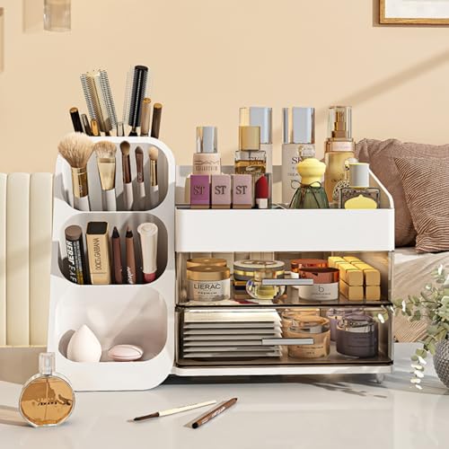 Image of Booklov Makeup Organizer for Vanity, Large Capacity Cosmetic Display Case with Clear Acrylic Drawer, Countertop Beauty Storage Holder for Skincare, Brush Eyeshadow Lipstick, Counter Desk, Crystal Pink