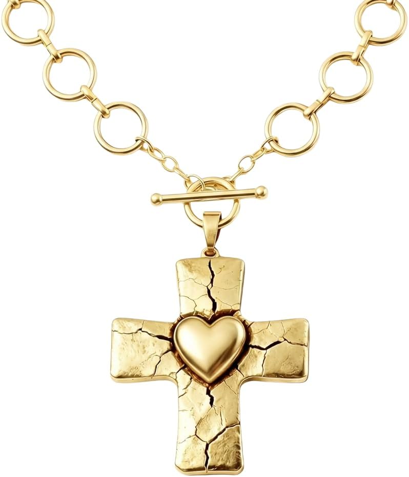 14K Gold Plated Chunky Cross Necklace for Women, Unique Crackle Design Pendant, Sparkling Cubic Zirconia Pendant, Silver Jewelry Waterproof, 18" Chain, Perfect for Beach, Weddings, Gifts
