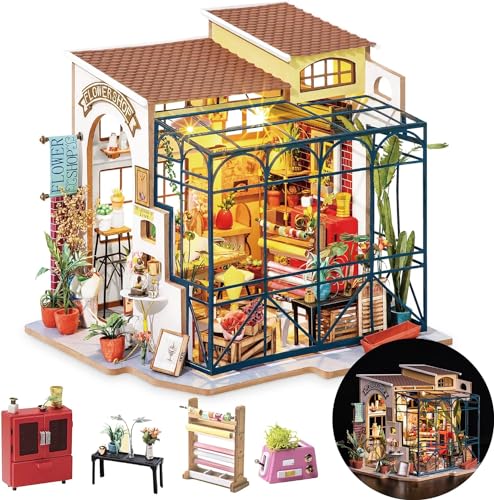Rolife DIY Miniature House Kit Flower Shop, Tiny House Kit for Adults to Build, Mini House Making Kit with Furniture, Halloween/Christmas Decorations/Gifts for Family and Friends(Emily's Flower Shop)