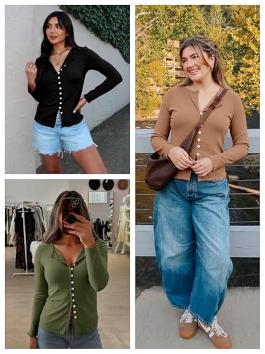 Womens Cardigans Button Down Long Sleeve Ribbed Shirts Cute Lighweight Fitted Y2K Fall Tops4