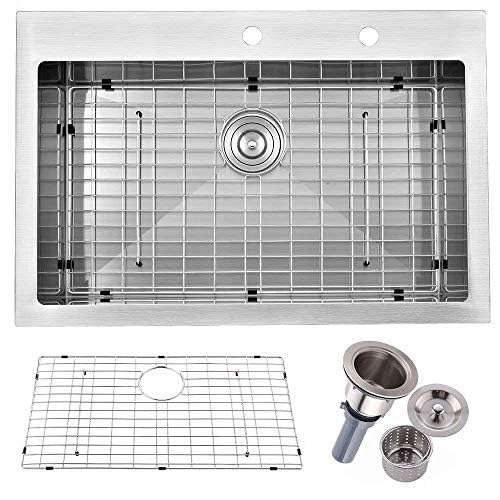 Friho 30"x 22" Inch Drop-in Stainless Steel Kitchen Sink,Brushed Nickel Topmount Kitchen Sinks,SUS304 Commercial Handmade 18 Gauge Single Bowl Large Basin With Dish Grid and Basket Strainer