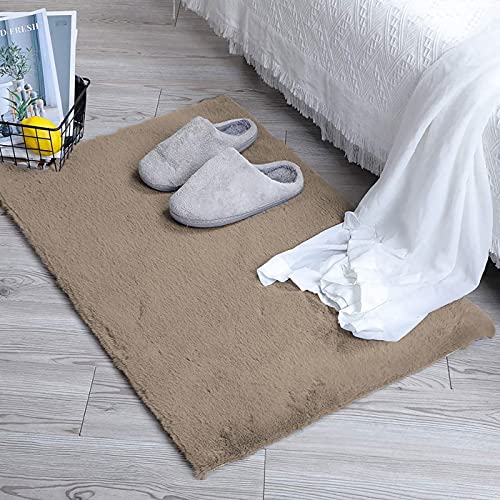 Image of Luxe Home Rabbit Fur Soild Bath Mat Super Soft, Anti-Slip, Washable, Rectangle, for Bathroom Door Mate, Bedroom Door Mats (Taupe, 45x75 cm)
