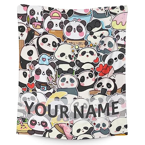 Personalized Panda Blanket Gifts with Name - 50"x60" Cute Throw Blanket for Kids, Adults - Black Soft Fuzzy Blankets for Bed, Couch & Living Room