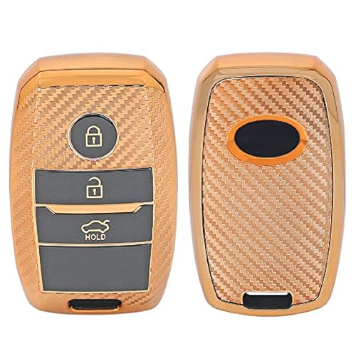 Image of JVCV Soft TPU Carbon Fiber Style Car Key Cover Compatible with Kia Seltos Sonet Carens 3 Button Push Start Car Key (Gold)