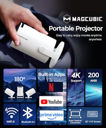 Magcubic Mini Beamer 4K Unterstützt, Smart Projector 5G WiFi 6 BT 5.4, Mini Projektor Full HD 1080P Unterstützt 200ANSI 8000L Auto Horizontal Trapezoid Correction (weiß)