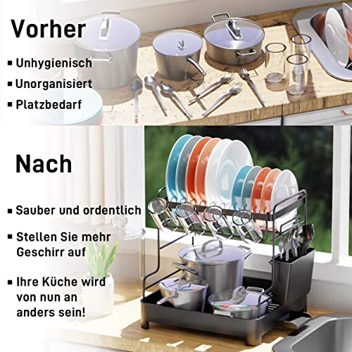 Foto von pickpiff 2 Ebenen Abtropfgestell, Geschirr Abtropfständer Geschirrabtropfgestell, Automatische Entwässerung (31.5 * 29.7 * 30cm), Premium-Material Abtropfgestell Schwarz