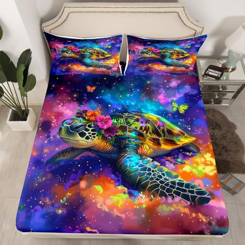 Sea Turtle Full Size Fitted Sheet,Tropical Flowers Marine Life Tortoise 3 Pieces Kids Teenager Room Decor Starry Purple Sky Galaxy Glitter Pocket 2 Pillowcases
