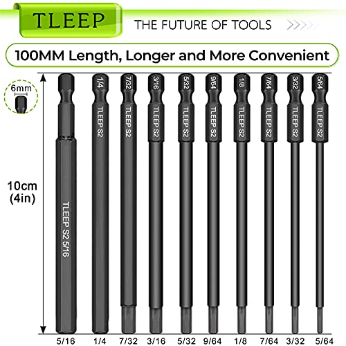 Tleep HU-XI-10 X Long 100Mm 1/4 Inch Hex Head Allen Wrench Drill Bits, 5/16 Inch To 5/64", Sae, Magnetic Tips Screwdriver Socket Bit Set thumb #1