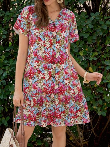 Image of Imysty Womens Polka Dot V Neck Button Down Ruffles Loose Mini Short T-Shirt Dress