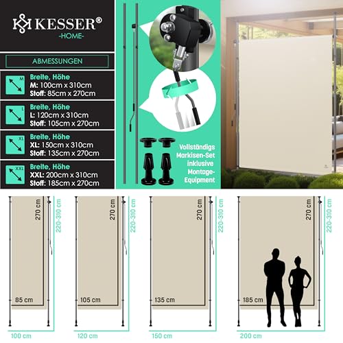 KESSER® Klemmmarkise Senkrechtmarkise 100x310cm Ausziehbar & Blickdicht Vertikalmarkise mit Handkurbel ohne Bohren Balkon-Sichtschutz & Windschutz für Garten & Terrasse Wasserfest Beige