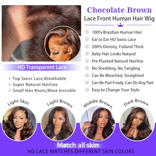 A8 Chocolate Brown Human Hair Wig 200 Density 13X6 Body Wave Lace Front Wigs Human Hair HD Frontal Wigs Pre Plucked Glueless Brown Lace Front Wig for Women 26 Inch - Image 4