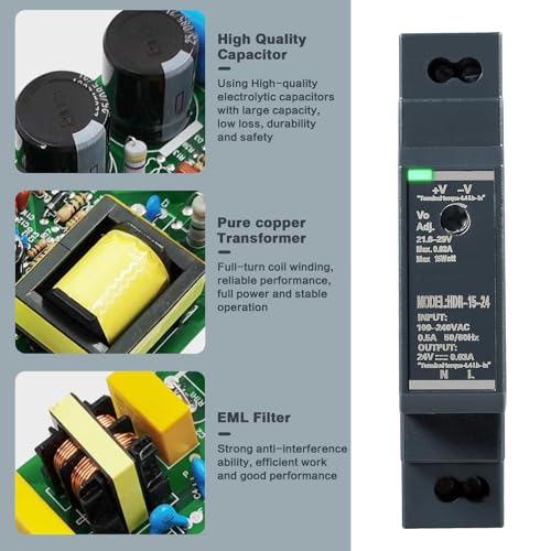Image of DIN Rail Power Supply, 15W 24VDC 0.63A Switching Power Supply with Overload Protection and Stable DC Output (HDR-15-24)