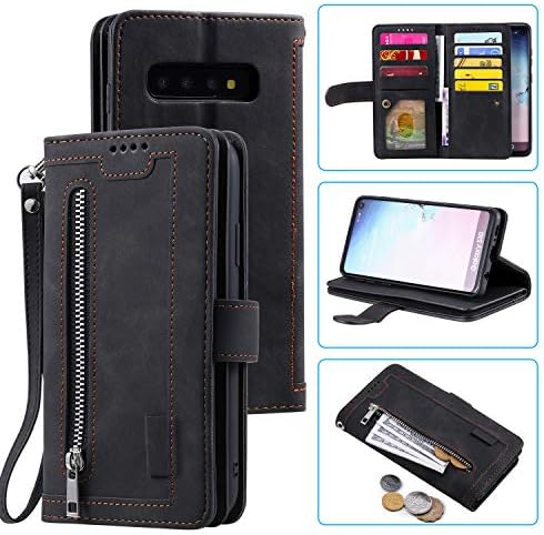 UEEBAI Wallet Case for Samsung Galaxy S10, Retro 9 Card Holder Slots Zipper Pocket Handbag Case PU Leather Magnetic Closure Kickstand with Wrist Strap TPU Shockproof folio Case - Blue