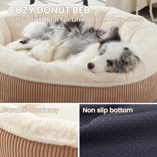 Image of 45 inches Donut Dog Bed for Extra Large Dogs,Calming Round Pet Bed with Removable & Washable Cover, Plush Faux Fur & Corduroy, Fits up to 100 lbs Pets(Brown,XL)