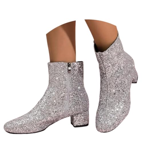 ticticlily Bottes Femme Paillettes Bottines Talon Bloc Boots Courtes pour Mariage A Argenté 43 EU