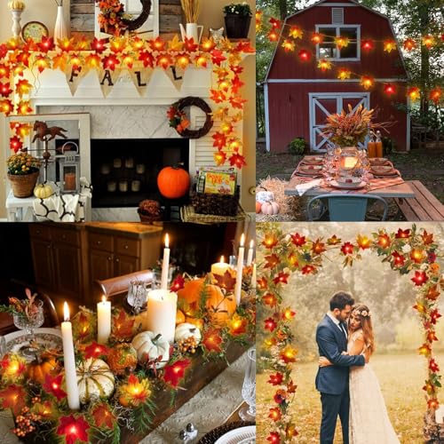 Herbst Ahornblatt Lichterkette, 2er-Pack 3 Meter 20 LED Herbstdeko Lichterketten mit Herbstblätter, Herbstliche Lichterkette für Innen und Außen Herbstpartys Halloween Thanksgiving Deko (2 pcs)