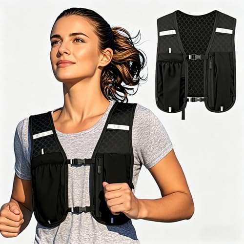 Camiseta esportiva feminina leve com bolsos de armazenamento, colete de hidratação portátil para corrida, academia, atividades ao ar livre, Preto, M
