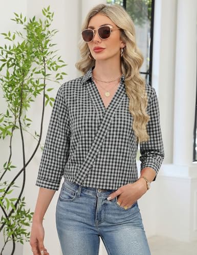Image of LOMON 3 /4 Length Sleeve Womens Tops Dressy V Neck Collared Shirts Trendy Business Casual Work Blouses Vacation Outfits 2026