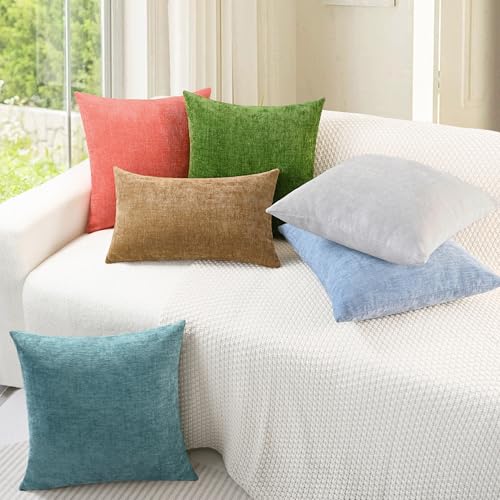 Image of CaliTime Pack of 2 Cozy Bolster Pillow Covers Cases for Couch Sofa Home Decoration Solid Dyed Soft Chenille 12 X 20 Inches Living Coral