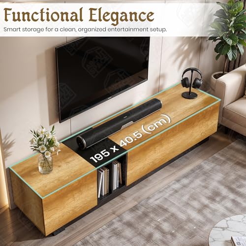Image of ABOUT SPACE TV Unit - Engineered Wooden TV Stand Table Cabinet with Drop Down Doors & Split Open Compartment, Cable Hole for WiFi Router Stand for Living Room (CM Oak& Black-L190.5 x B40.5 x H43.5 cm)