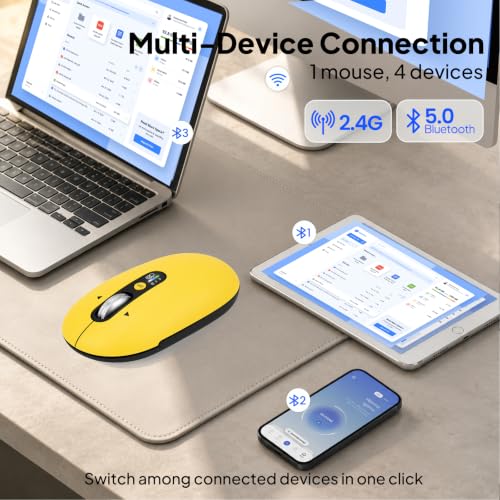 Image of Wireless Bluetooth Mouse,USB+BTx2,Slim Pebble Multi Device Small Travel Mice,Metal 4 Way Super Scrolling,± 3000 DPI,Quiet,Portable,Long Battery for Laptop,Computer,Tablet,Mac,iPad,PC,Phone (Yellow)