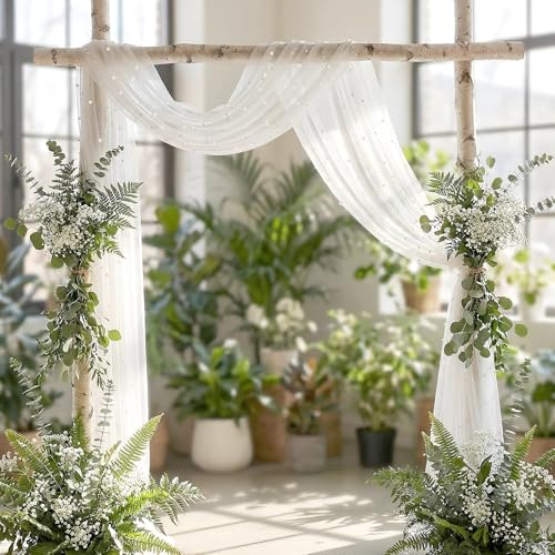 Image of Wedding Arch Draping Fabric with Pearl 28.7 inch x 20 ft Ivory White Sheer Gauze Fabric Backdrop Drapery for Wedding Arbor Ceremony Bridal Shower Birthday Party Reception Decor(White)