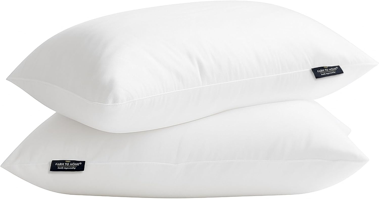 Farm To Home 100% Organic Cotton Cover Pillows Queen/Standard Size Set of 2, Down Alternative Hotel Quality Soft Bed Pillow for Back & Side Sleepers, Machine Washable, 20"x28", White Queen(Pack of 2)