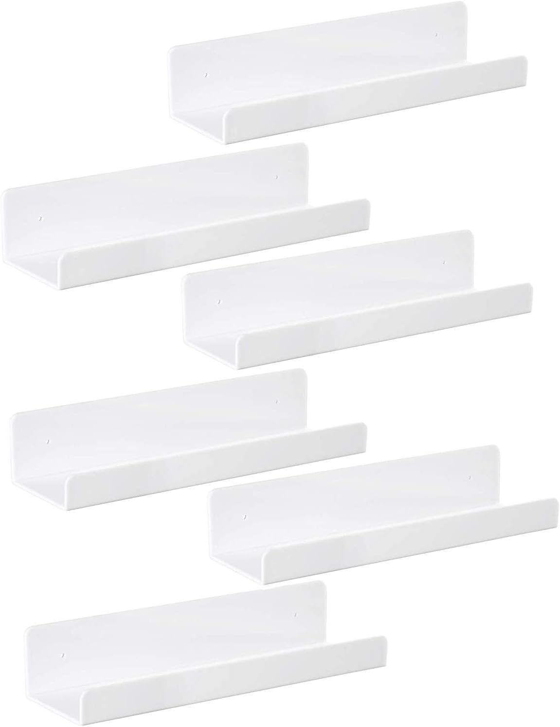 IEEK 6 PCS White Acrylic Floating Shelves Display Ledge,Wall Mounted Nursery Kids Bookshelf,15 Inch Bathroom Wall Shelf and Storage Rack,5mm Thick U Shelf