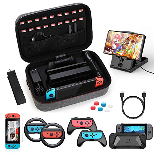 HEYSTOP Kit de Accesorios 12 en 1 para Nintendo Switch, con Funda de Transporte, TPU Cubierta Protectora, Joy-con Grip y Volante, Soporte,Protector de Pantalla, Apretones de Pulgar, Cable USB,Gris