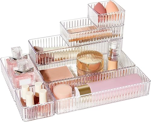 Image of INOVERA (LABEL) 7 Pieces Makeup Drawer Organiser Tray - Cosmetic Organizer Containers - Vanity Storage Box for Dressing Table - Transparent