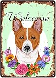 Plaque en métal amusante avec motif de chien Basenji Welcome Flowers - Décoration rustique - Décoration murale rétro en aluminium - 20,3 x 30,5 cm