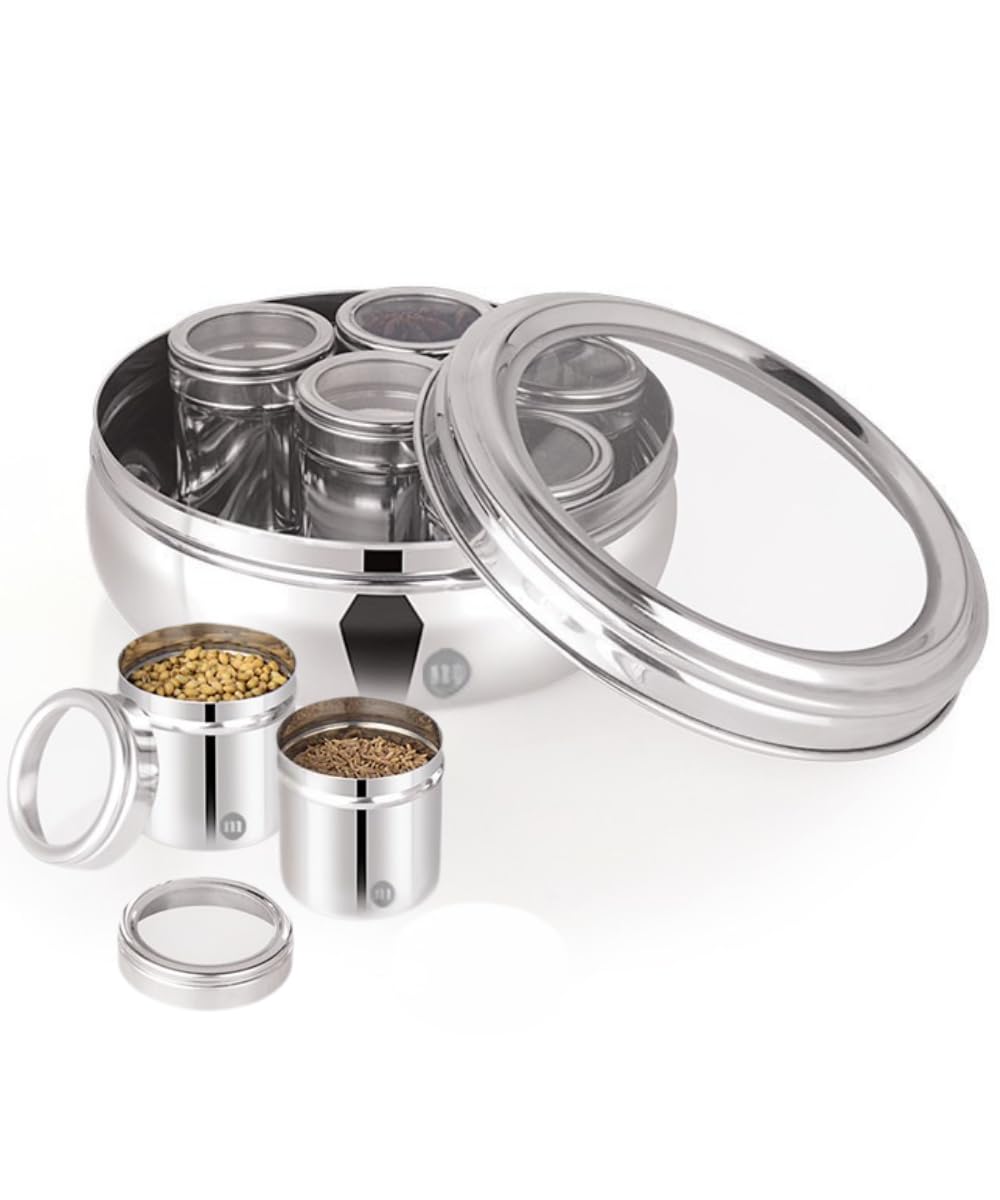 MARU Steel 7-in-1 Belly Design Masala Box for Kitchen – Airtight 140ml Containers with Clear Lids – Ideal for Spices, Herbs, Mukhwas, Dry Fruits & Small Space Organization, Silver