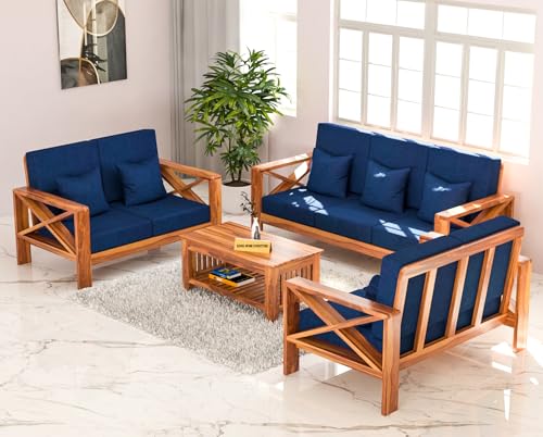 Image of Sheesham Wooden 7 Seater Sofa for Living Room | Rosewood 7 Seater Cushion Sofa X-Legs | Solid Wood Sofa Set for Lounge (3+2+2,Honey Finish)