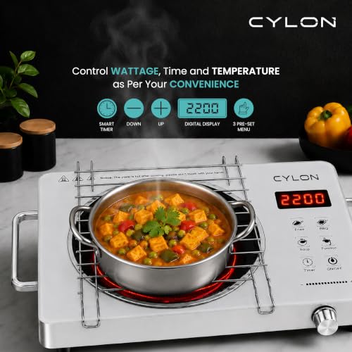 Image of CYLON InfraBlaze 2200W Infrared Cooktop Stove with Grill Rack, Crystal Glass Top, Digital Display, Touch Control, Compatible with All Cookware, Infrared Hot Plate, Silver