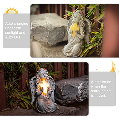 Ovewios Angel Garden Statue Outdoor Decor, Solar Angel Garden Figurine Praying With Cross Waterproof Resin Yard Art Decoration Sculpture For Garden Outside Patio Lawn Ornament Memorial Gifts #TOP4