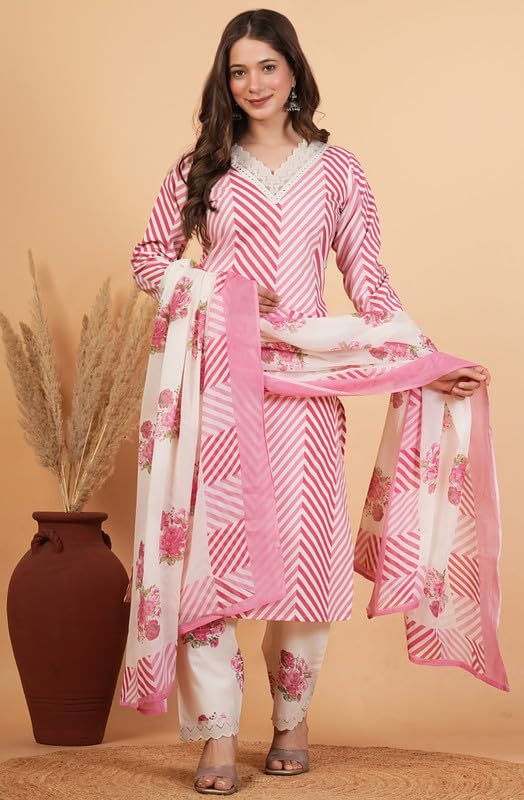Image of rytras Women Pure Cotton Printed Straight Kurta Set with Palazzo pants & dupatta|Ethnic wear|Kurti Suit Set for Women
