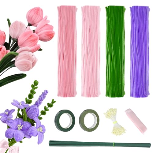 Axrye 400 unidades de limpiapipas para manualidades, set de 4 colores ramo de tulipanes rosas, incluye 160 estambres, 20 alambres florales con cinta de regalo, set de limpiapipas y flores para