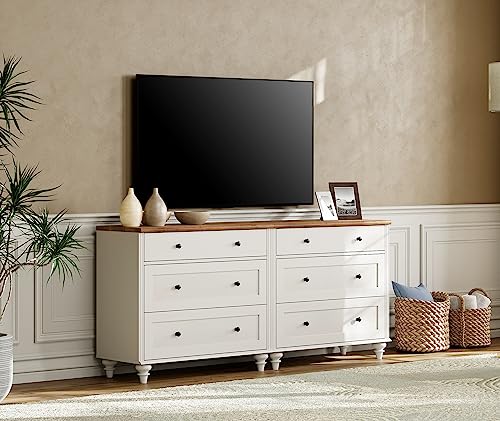 Image of WAMPAT White Dresser for Bedroom with 6 Drawers, Wood Dressers with Wide Chest of Drawers, Mid Century Modern Wooden Closet Storage Organizer, Large Kids Dressers for Nursery, Living Room, Hallway